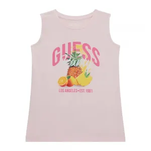 Бледо розов потник за момиче с плодове и розов надпис Guess