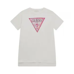 Дълга тениска с асиметрична кройка в бяло за момиче с цветно лого Guess