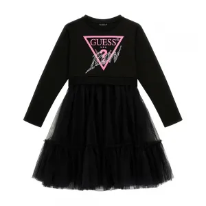 Комбинирана рокля за момиче в черно с тюл и контрастен надпис Guess