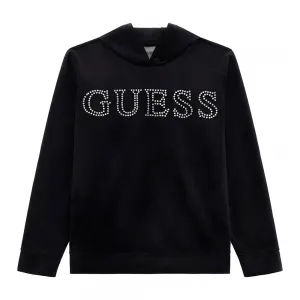 Черен плюшен суичър с качулка без цип за момиче с кристален надпис Guess