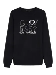 Черен пуловер за момиче с надпис и камъни Guess