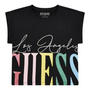 Къса тениска за момиче в черно с голям многоцветен надпис Guess