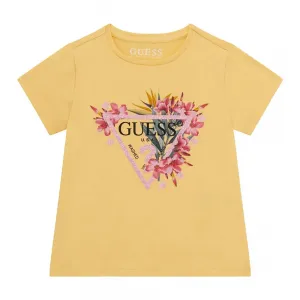Тениска в жълто за мини момиче с цветя и розово лого Guess с глитери