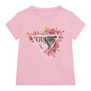 Тениска в розово за мини момиче с цветя и бяло лого Guess с глитери