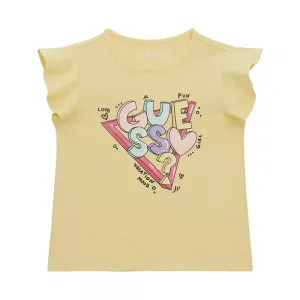 Жълта тениска с къдрички за мини момиче с цветни букви Guess