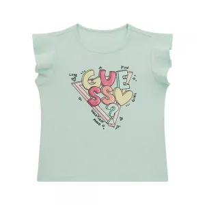 Бледо зелена тениска с къдрички за мини момиче с цветни букви Guess