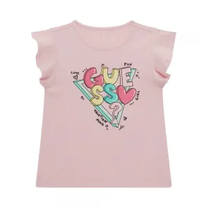 Розова тениска с къдрички за мини момиче с цветни букви Guess