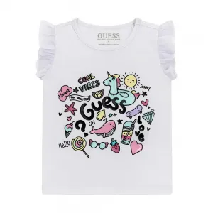 Бял потник с воали на ръкавите и много цветни щампи за мини момиче Guess