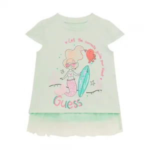 Бледо зелена тениска за мини момиче с русалка, тюл и много детайли Guess