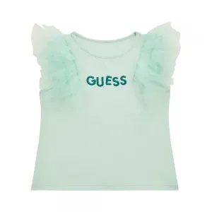 Бледо зелен потник с тюлени презрамки и бродиран надпис Guess за мини момиче