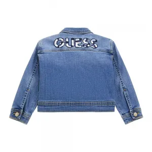 Деним яке за мини момиче с бродирани сърца и бродиран надпис Guess на гърба