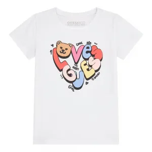 Блуза с къс ръкав в бяло за мини момиче с цветен надпис Love Guess и мече
