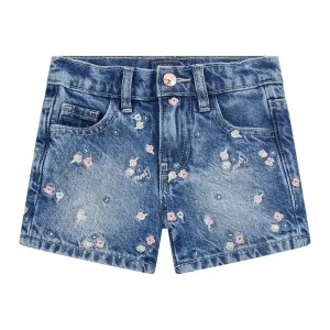 Къси деним панталони за мини момиче с бродирани цветчета и надписи Guess