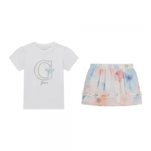 Бяла тениска с G и многоцветна пола за мини момиче Guess