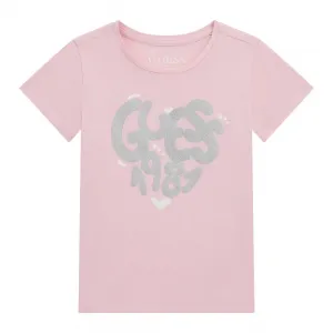 Тениска в розов цвят с къс ръкав за мини момиче със сребрист надпис Guess