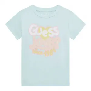 Бледо зелена тениска за мини момиче с цветен надпис Guess Love 
