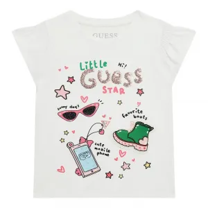 Бяла тениска за мини момиче с много цветни детайли, пайети и глитери Guess