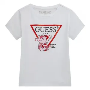 Бяла тениска за мини момиче с червено лого и цветна апликация Guess