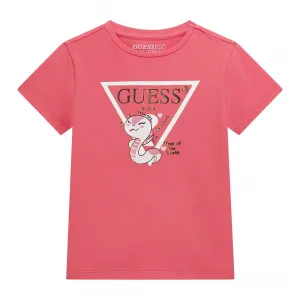 Коралова тениска за мини момиче с бяло лого и цветна апликация Guess