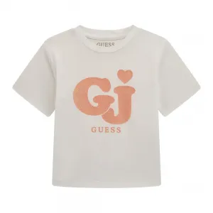 Бяла широка тениска за мини момиче с контрастни букви GJ с глитери Guess