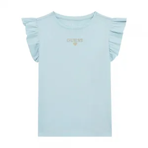 Бледо синя тениска за мини момиче с воали и златист надпис Guess