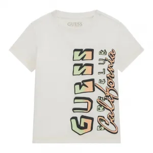 Бяла тениска за мини момче с двуцветен надпис Guess Surf Club