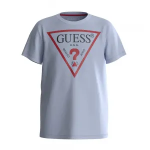 Бледо синя тениска с къс ръкав за мини момче с червено лого Guess