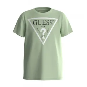 Бледо зелена тениска с къс ръкав за мини момче с бяло лого Guess