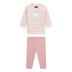 Памучен комплект за бебе момиче с туника с лога и розов клин Guess