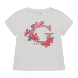 Бяла тениска за бебе момиче с розово G с глитери и цветя Guess