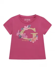 Цикламена тениска за бебе момиче със златисто G и цветя Guess