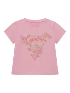 Розова тениска със златисто лого Guess с глитери и цветя за бебе момиче