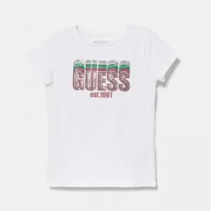 Бяла тениска за мини момиче с многоцветен надпис Guess с пайети
