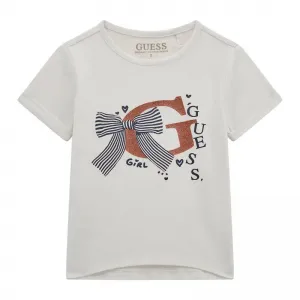 Тениска в бял цвят с голямо контрастно G и панделка за мини момиче Guess