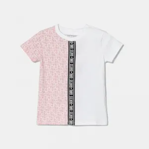 Двуцветна тениска за мини момиче в бяло и бледо розово с лога Guess
