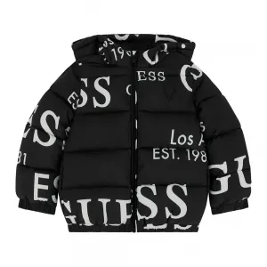 Oversize яке в черен цвят с бели надписи за мини момче Guess