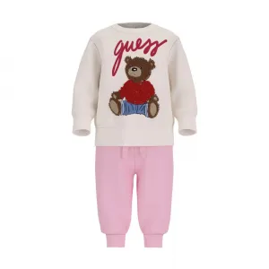 Комплект за бебе момиче с бяла блуза с мече и розов спортен панталон Guess