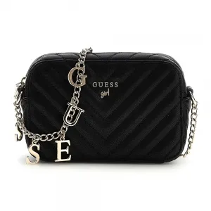 Малка кожена чанта в черен цвят с верижка и висящи златисти букви Guess