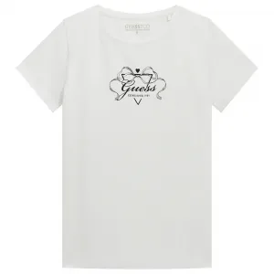 Бяла тениска за момиче с панделка и надпис Guess
