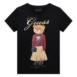 Памучна тениска в черно с цветно мече за момиче и златист надпис Guess