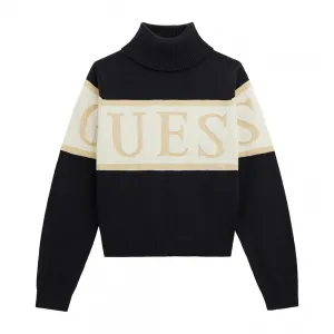 Пуловер поло в черно за момиче с голям контрастен надпис Guess