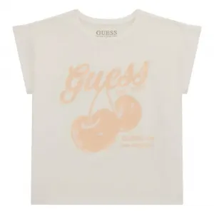 Тениска в бял цвят за момиче с черешки с глитери Guess