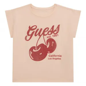 Тениска в прасковен цвят за момиче с черешки с глитери Guess