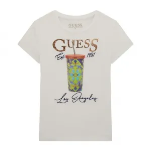 Бяла тениска за момиче с цветна щампа на кристали Guess