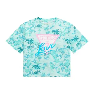 Широка ментова тениска за момиче с палми и розово лого Guess Love