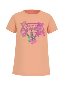 Оранжева тениска с цикламено лого с глитери и цветя за момиче Guess