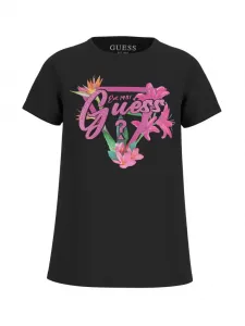 Черна тениска с цикламено лого с глитери и цветя за момиче Guess