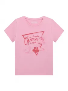 Тениска за момиче в розово с розов надпис Guess и палми
