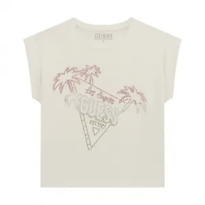 Бяла тениска за момиче с цветни кристали и камъни, с палми и надпис Guess