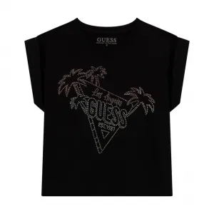 Черна тениска за момиче с цветни кристали и камъни, с палми и надпис Guess